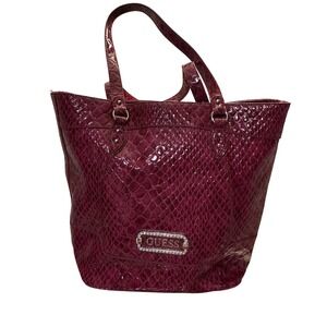 GUESS Burgundy/Red Wine Glossy Embossed Snakeskin Tote Rhinestone Logo Med. Bag
